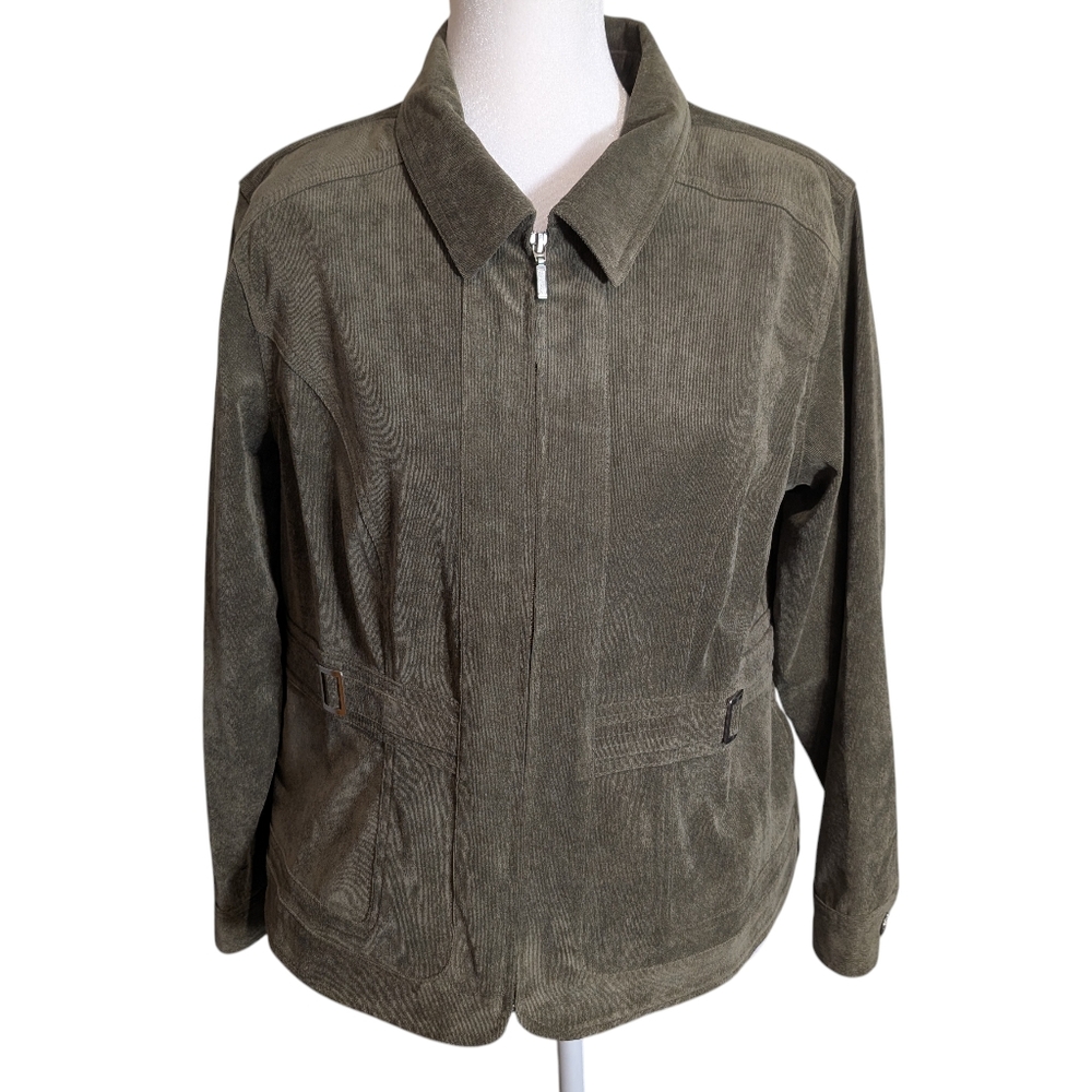 Christopher & Banks Women Olive Green Stretch Zip Blazer Jacket Petite Large